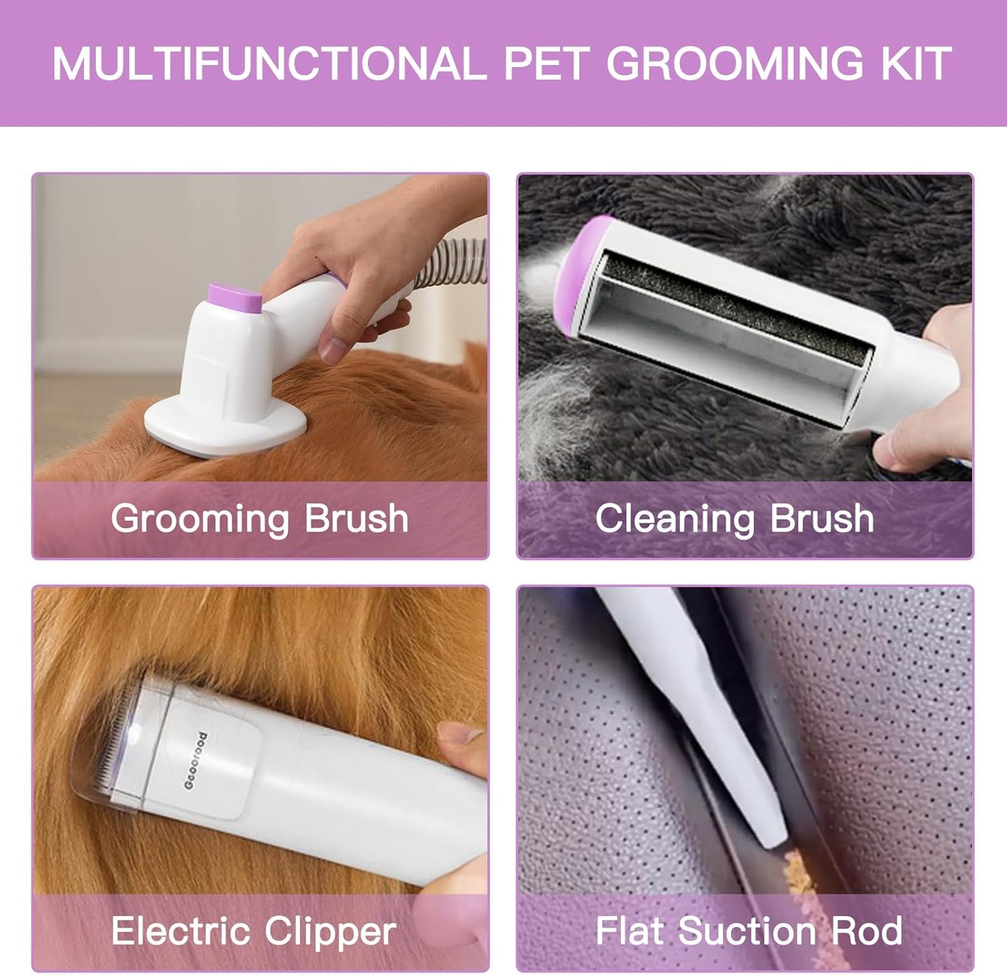 Dog Grooming Vacuum Kit, 2.5L Dust Cup Pet Grooming with Clippers for Dogs Cats Hair Shedding Brush at Home Purple