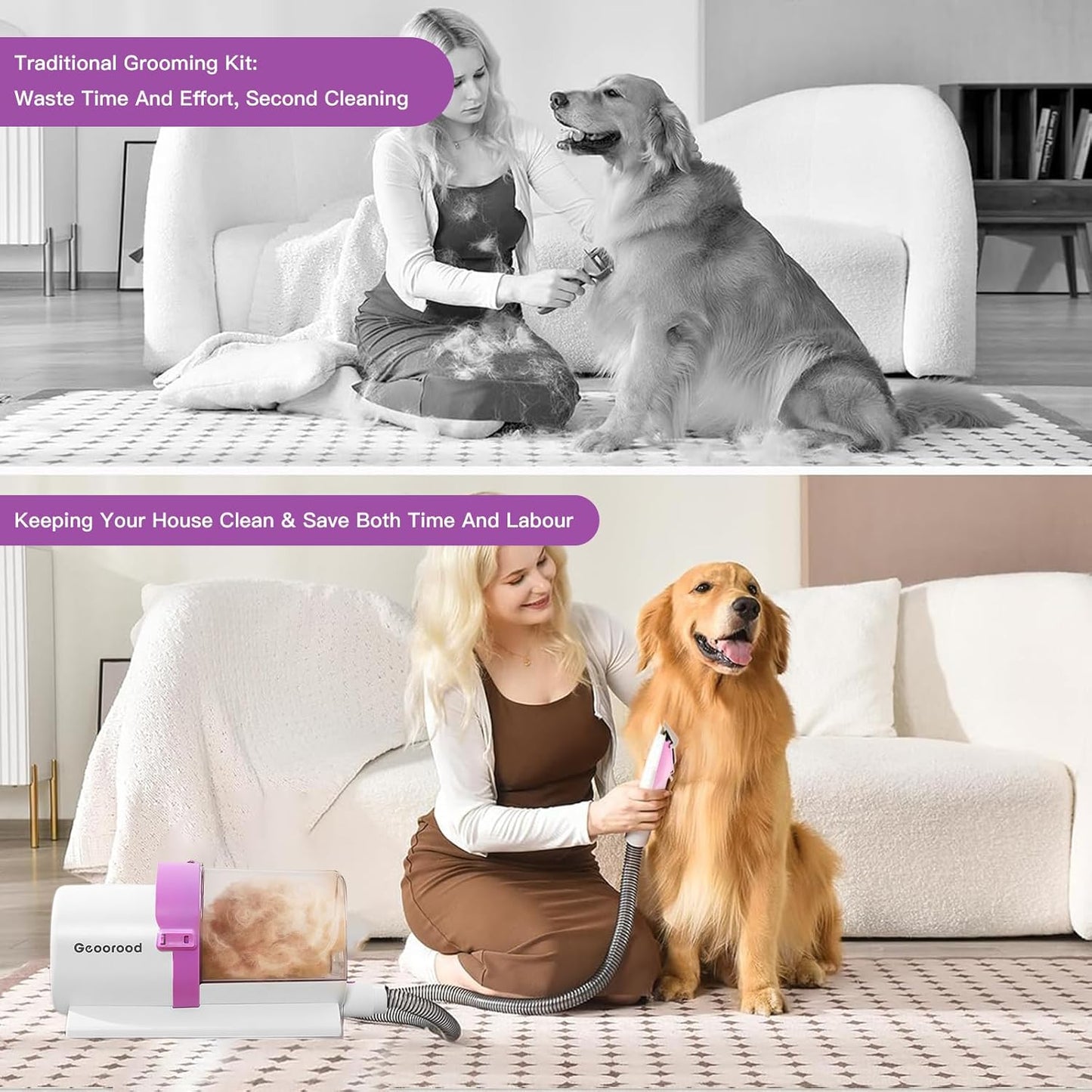 Dog Grooming Vacuum Kit, 2.5L Dust Cup Pet Grooming with Clippers for Dogs Cats Hair Shedding Brush at Home Purple