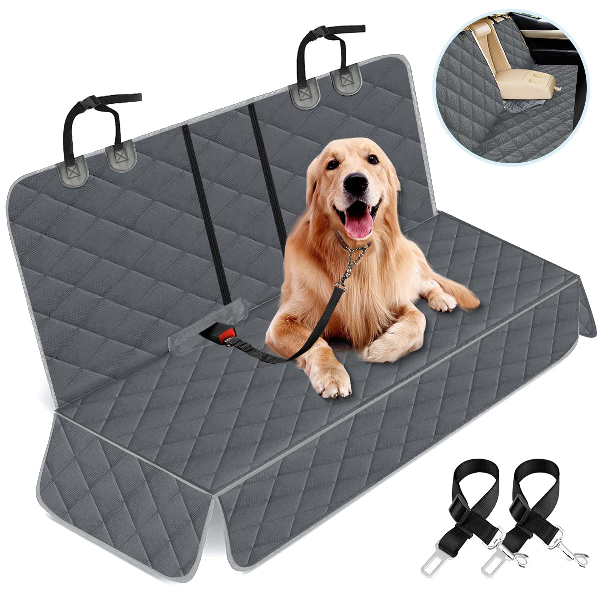 Dog Car Seat Cover, Back Seat Cover for Dogs Pet Car Seat Protector Waterproof Bench Car Seat Cover, Non-Slip Reat Seat Cover fits Middle Armrest for Most Cars Trucks SUVs - Black